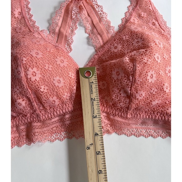 Victorias Secret Pink Lace Cross Back Bralette Large Peach Floral Coral - Picture 6 of 16